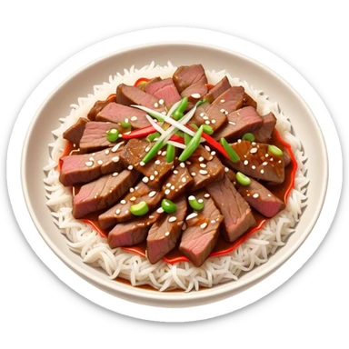 Bulgogi Cinematic Realistic Bulgogi Dish Emoji, depicted as thinly sliced, marinated beef stir-fried to perfection, rendered with dynamic textures and vibrant, appetizing lighting. sticker