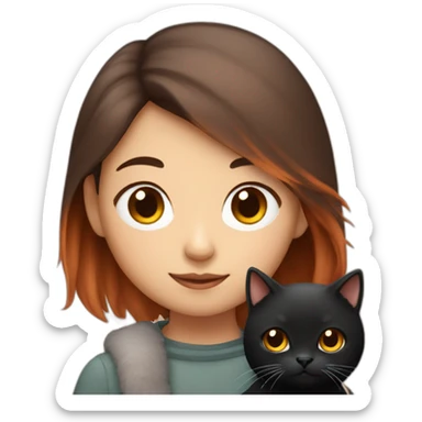 asian girl with copper hair holding a black fluffy cat sticker