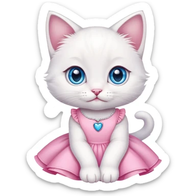 White kitten with blue eyes in pink dress and pink nails sticker