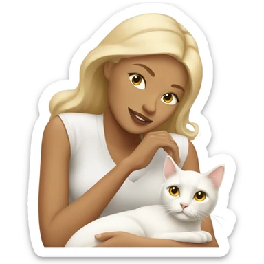 blonde woman with tan skin laying down with white cat sticker