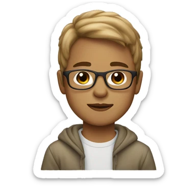 boy with light brown hair, light skin and bangs ans glasses wearing a sweatshirt sticker