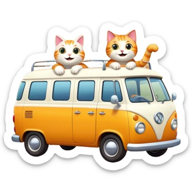 two cartoon cats in a van waving out the window at a small house in the background sticker