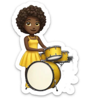 cute girl in yellow dress dark skin with yellow eyes and dark curvy hairs plays on drums sticker