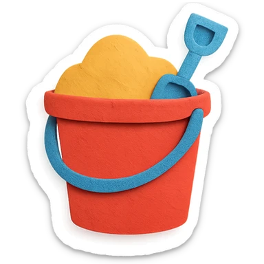 beach bucket and pail with sand and a small shovel, bright colors, in paper-craft style sticker