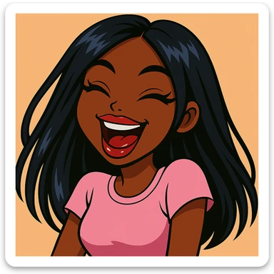 Headshot of a 20-year-old anime Bratz style woman with dark skin, straight hair, laughing uncontrollably, big expressive eyes, glossy lips, bold colorful fashion-forward look, no hat, no tears. sticker