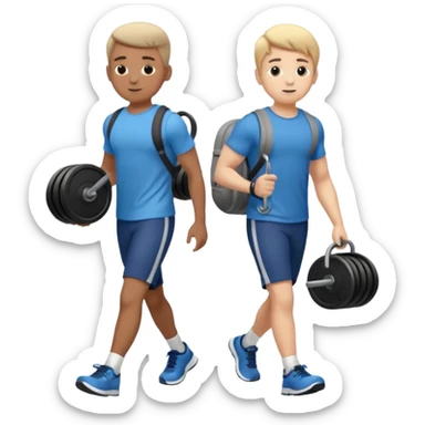 two boys walking, wearing gym clothes and carrying gym equipment, full body sticker