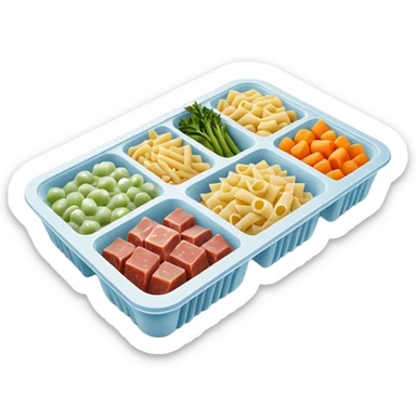rectangular frozen food tray with 2-3 compartments, each with different frozen items pasta vegetables meat, frosty surfaces with visible ice crystals, muted colors, firm uncooked texture, dark simple tray, no branding, no utensils, no packaging, soft lighting, subtle shadows, emoji scale sticker
