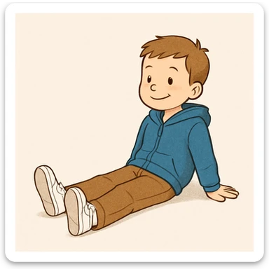 Edit the image of the boy to make him sit straight with his legs straightened out in front of him, arms resting on the ground behind him, as if he is chilling. Keep the same outfit and style as the original image. sticker