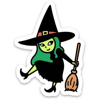 Elphaba from Wicked musical, green-skinned witch with pointy black hat and broom sticker