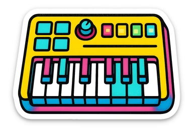 A MIDI keyboard in Pop Colors style, with a modern twist, sleek design, glowing buttons, and a mix of pastel and neon colors. sticker