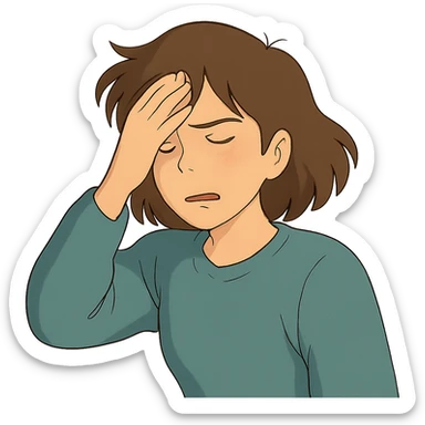 ghibli style character with a headache, subtle pain, hand on forehead sticker