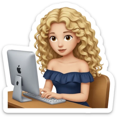 woman with long curly blond hair, brown eyes, wearing an off-shoulder top, on computer  sticker
