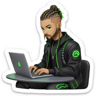 Light skinned African American male with green eyes as a cyberpunk hacker with cornrows hairstyle but short cornrows  with goatee facial hair  coding on laptop  sticker