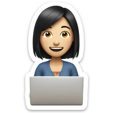 asian girl with black hair at a computer laughing sticker