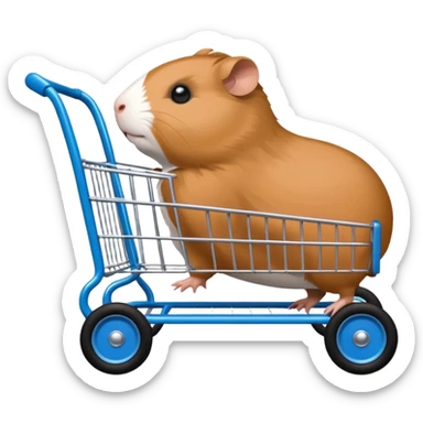 Race car whose frame and suspension is made of shopping cart material and flat panel body, driven by a small thin Guinea pig  sticker