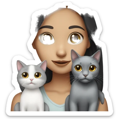 White skin girl with dark hair holding one gray cat & one white cat sticker