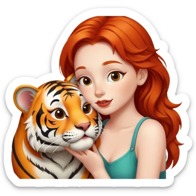 redhead girl kissing happy tiger sticker