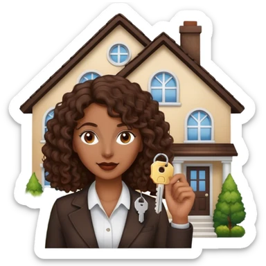 Dark brown lady with medium brown mid length curly hair in real estate job with house and keys sticker
