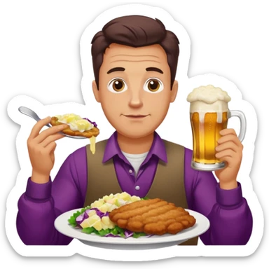 German man eating schnitzel, potato salad, red cabbage, sauerkraut, and beer sticker