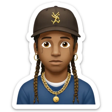 Travis Scott with gold chain necklace, wearing hat, dreadlock hair  sticker