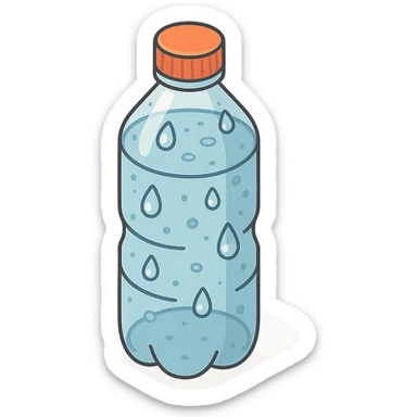 bottle of water with drops on surface, 2D isometric style, highly detailed drawing, shadows and highlights, clean contours, soft lighting, transparent background sticker