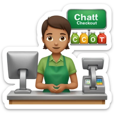 Eine Person wartet an einer Supermarktkasse. Die Kasse ist beschriftet als "Plauderkasse" und im grünen Design. sticker