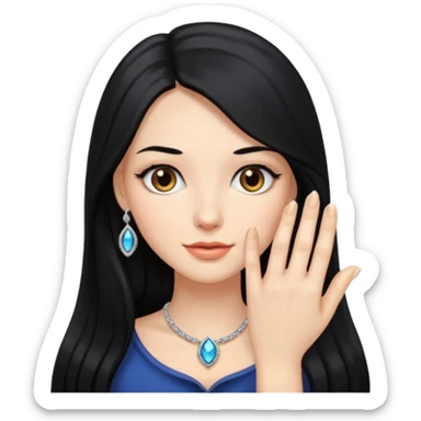 Woman with long black hair and engagement ring sticker