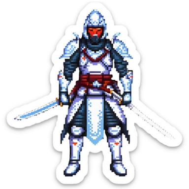 battle-ready male cyborg samurai nomad with digital katana sticker