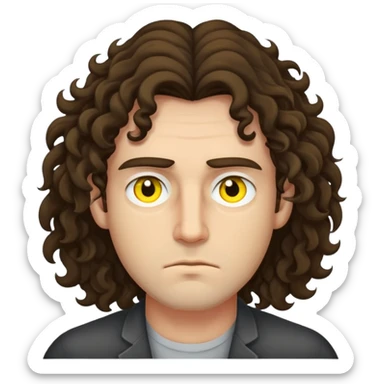 A man with sleppy eyes that are yellow with long to the neck curly brunnete hair who is a lil bit angry sticker