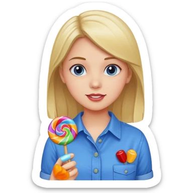 girl in a blue button-up shirt loving candy sticker