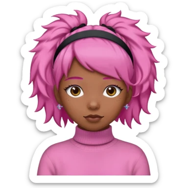 black fluffy haired girl with pink turtleneck sweater and pink hair band sticker