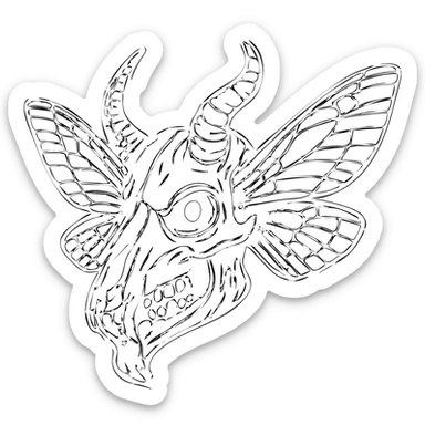 detailed but heavily distressed red line art of twisted minotaur-stoat skull hybrid with broken horn and glaring eye, intricate deteriorating moth wings, complex bone textures, asymmetrical features, extensive weathering with scratches and eroded sections, some transparent areas amid detailed horror elements, unnerving and ancient appearance, 100% red sticker