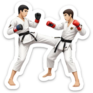 Two taekwondo fighters in traditional white doboks with black belts. One delivers a powerful kick, while the other defends by blocking with his knee. The background shows a professional arena with bright lights and an excited crowd. Transparent background highlights the intense action sticker