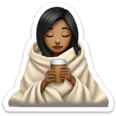 girl inside a blanket sipping coffee eyes closed black hair sticker