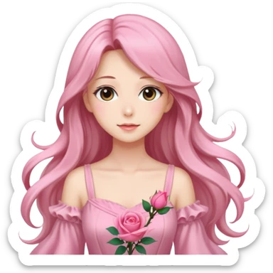 Gorgeous pastel anime lady with long hair and pink rose dress sticker