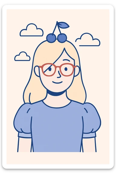 Add puffy sleeves to the woman's baby blue shirt, maintaining the clean modern illustration style with soft, smooth lines and subtle shading. sticker