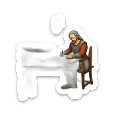 medieval architect working, overseeing a floor plan laid out on a piece of paper sticker