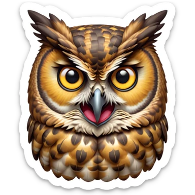 Cinematic Comical Great Horned Owl Portrait Emoji, Head tilted dramatically with an exaggeratedly amused expression, featuring a strikingly patterned mottled plumage with bold contrasts, wide, expressive golden eyes filled with playful disbelief, Simplified yet hilariously expressive features, highly detailed, glowing with a slightly sassy glow, high shine, dramatic yet playful, stylized with an air of cheeky nocturnal mischief, bright and endearing, soft glowing outline, capturing the essence of a spirited and over-the-top owl, so meme-worthy it feels like it could hoot its way into internet fame instantly! sticker