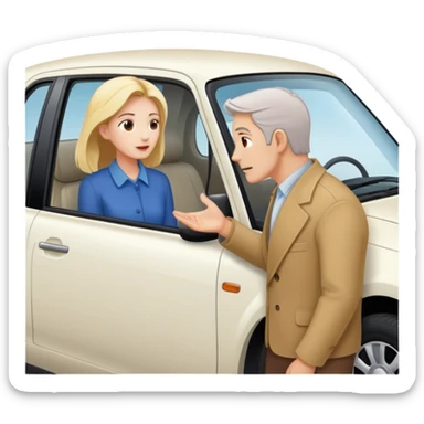 woman standing outside car talking to man inside car with window down sticker