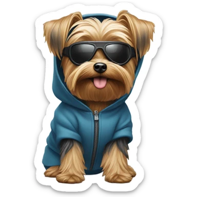 Yorkie wearing a hoodie and ski goggles sticker