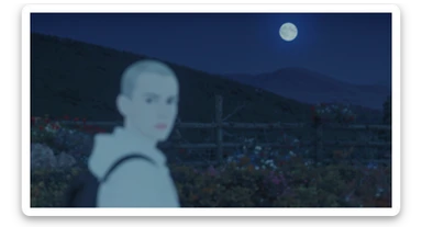 A portrait of a white person in the foreground, blurred plants in the foreground, a wooden fence and colorfull flowers in the midground, rolling hills in the background, cinematic depth of field, layered composition, moon back light (Blue night) sticker