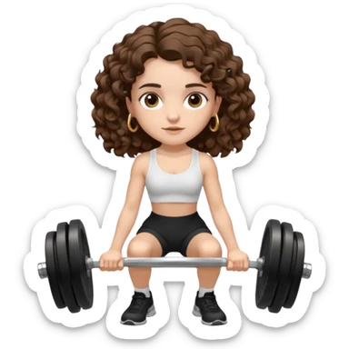 full body, very beautiful italian girl, dark brown eyes, looking like Emma Watson, with curly and big volume very bright brown hair, and a golden piercing ring in nose on left side, pumping dumbbells

 sticker