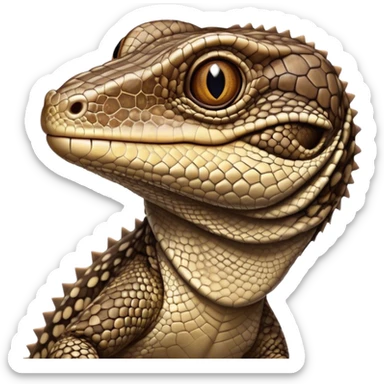 Cinematic Comical brown camo spotted monitor Lizard Portrait Emoji, Head tilted dramatically with an exaggeratedly shocked expression, featuring a robust, patterned body with wide, comically expressive eyes full of humorous disbelief, Simplified yet hilariously expressive features, highly detailed, glowing with a slightly sassy glow, high shine, dramatic yet playful, stylized with an air of quirky reptilian attitude, soft glowing outline, capturing the essence of a meme-worthy brown camo spotted monitor lizard that looks ready to side-eye its way into viral fame! sticker