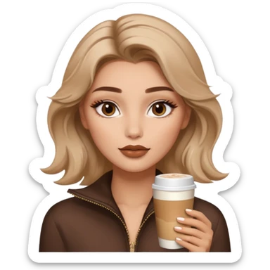 “A cozy, warm-toned emoji girl with soft bronzy eyeshadow, fluffy brows, caramel shimmer, glossy nude lips, light contour, and tousled hair — latte-inspired look.” like belle hadid sticker