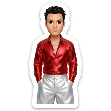 Jordan Knight from NKOTB with brown eyes, black hair, red metallic shirt, white metallic baggy pants, silver necklace sticker