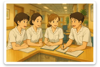 Four nursing students from photos, in discussion and collaboration in a care station, Ghibli style. White uniforms, medical tunics with V-neck, left chest pocket, short sleeves, no classic collar, no stethoscopes, no fabric under sleeves. Team atmosphere, warm hospital decor. sticker