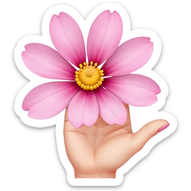 Pink flower with petals spread open horizontally by two fingers sticker