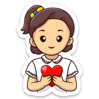 beautiful young girl wearing a white Ukrainian embroidered shirt with a big heart sticker