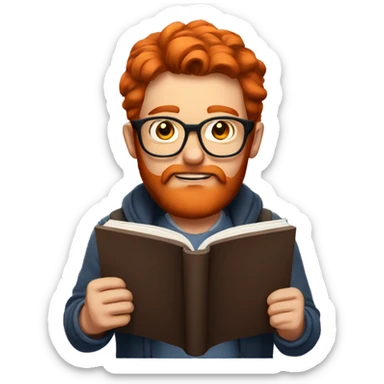 A man with red hair and a red beard with glasses reading a book sticker