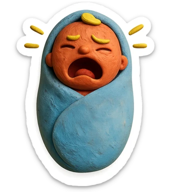 swaddled crying baby in claymation style sticker